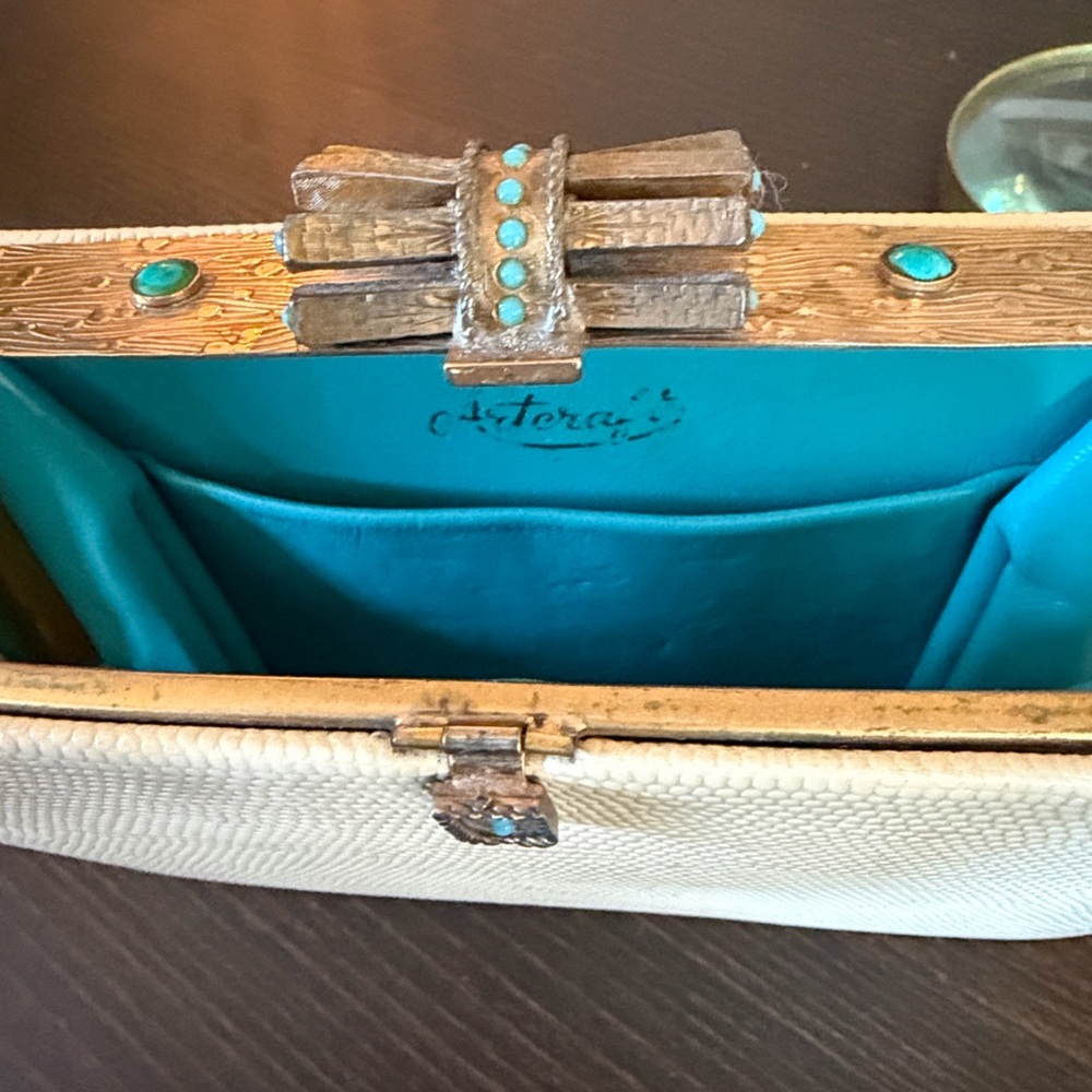 Vintage Cream Leather Clutch w/ Unique Frame